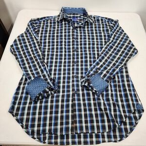 Robert Graham Blue Black Teal Plaid Button Long Sleeve Flip Cuff Shirt XL